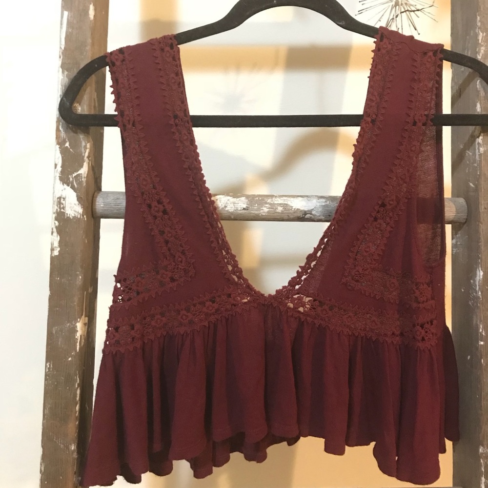 FREE PEOPLE red cropped peplum lace top